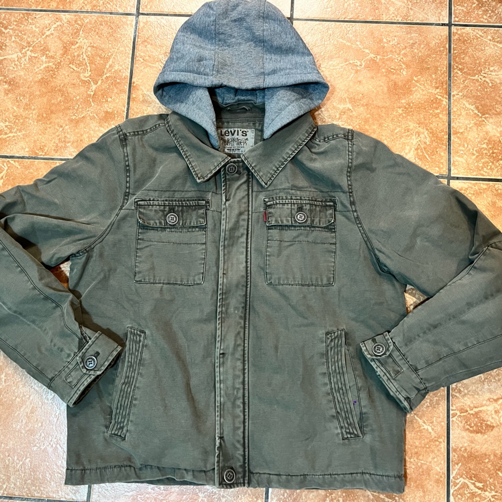 Levi’s Men’s L Large Military Utility Jacket Hooded Field Coat Olive Green Cargo